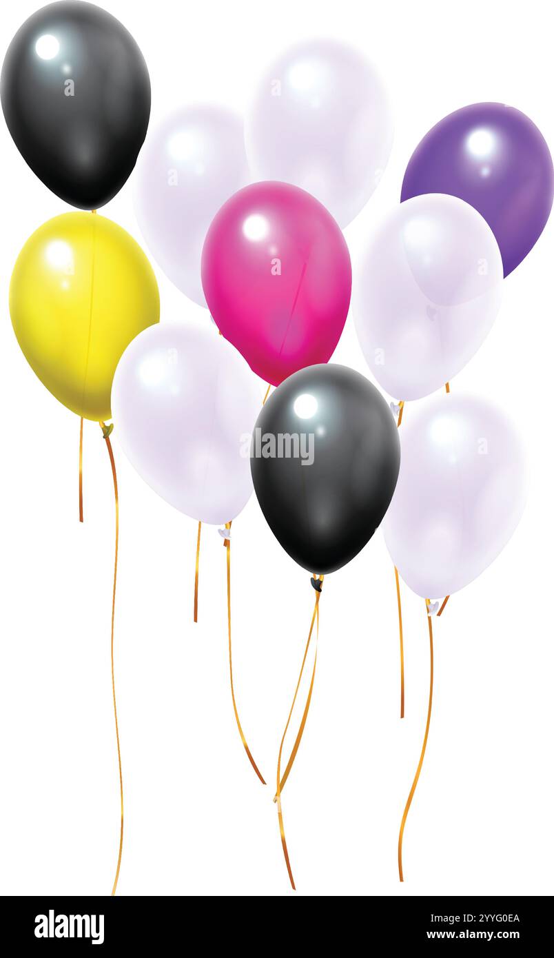Nine vibrant balloons floating gracefully against a crisp white ...