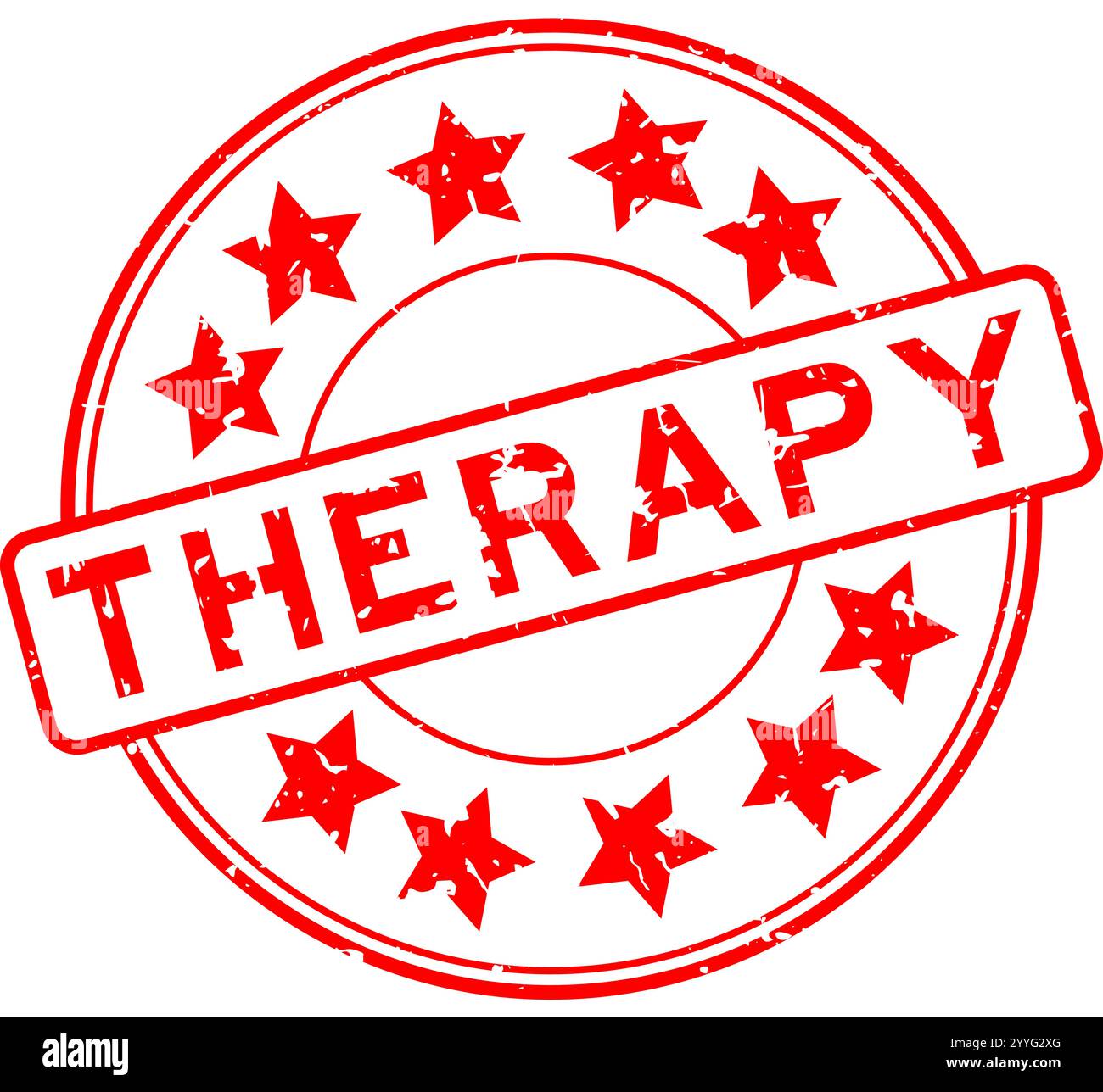 Grunge red therapy word with star icon round rubber seal stamp on white ...