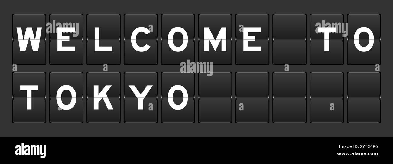 Black color analog flip board with word welcome to on gray background Stock Vector