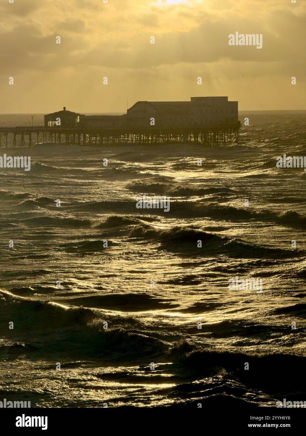 Blackpool North Pier at high tide on a windy winter evening. - Smartphone Captured Stock Image