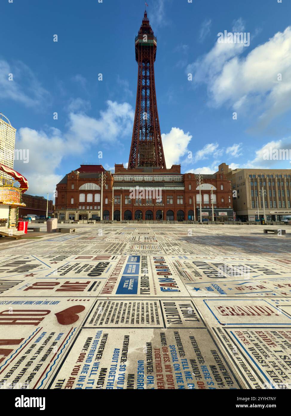Blackpool, Tower and the Comedy Carpet mosaic on Blackpool promenade - Smartphone Captured Stock Image