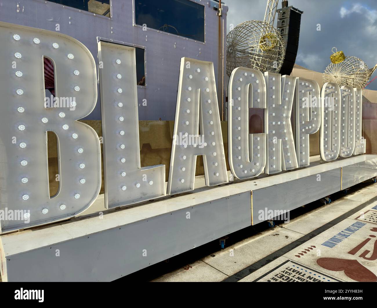 Illuminated sign for Blackpool on the Comedy Carpet on Blackpool promenade - Smartphone Captured Stock Image