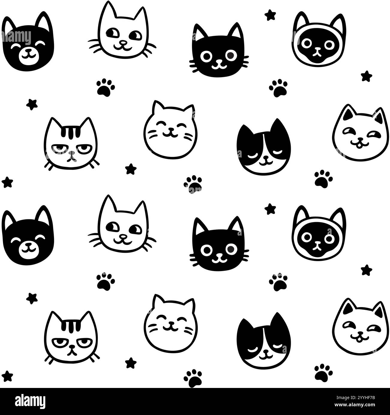 Cute cartoon cat faces doodle seamless pattern. Hand drawn black and white kitties, paws, stars. Simple vector background illustration. Stock Vector