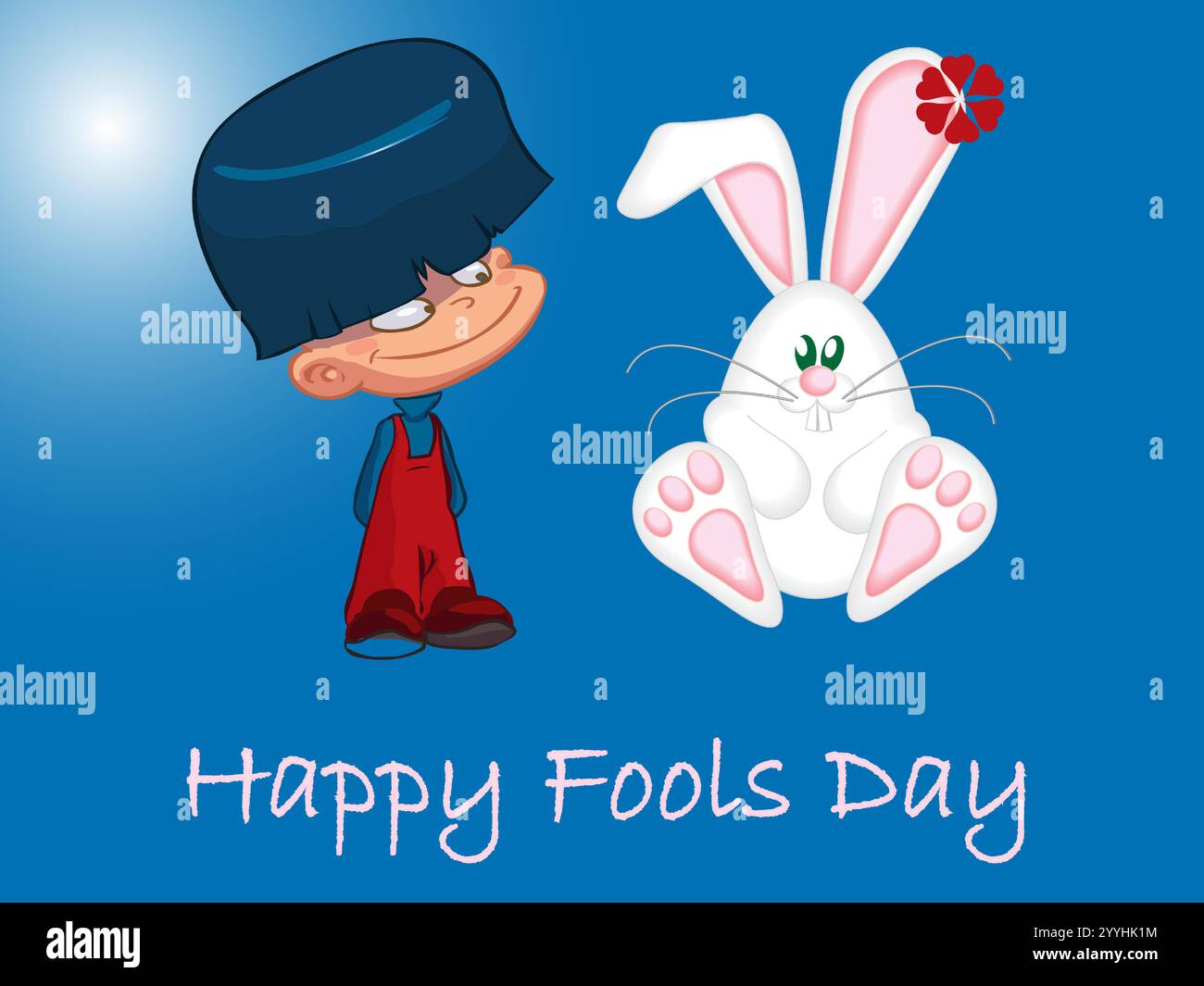 Cartoon of a rabbit and a boy on a blue background. The rabbit is ...