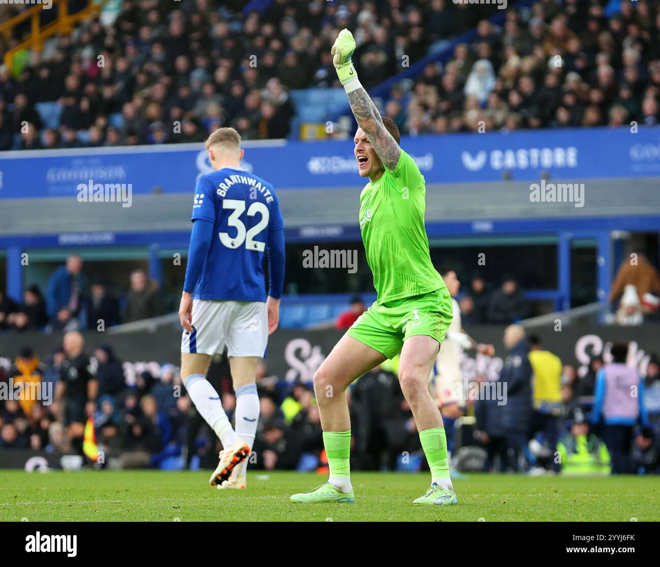 Liverpool, UK. 22nd Dec, 2024. Jordan Pickford of Everton gets booked ...
