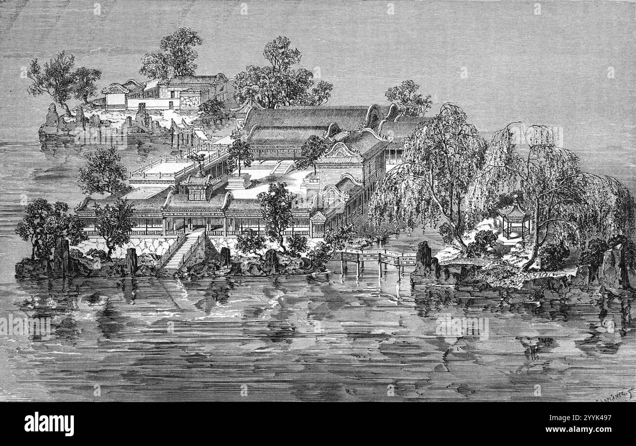 The Palace of Genies and Precious Stones in the Old Summer Palace or Yuanmingyuan Park, a Complex of Imperial Palaces, Gardens and Lakes, sometimes called the Winter Palace (destroyed in 1860), in Haidian District Peking or Beijing China. Vintage or Historic Engraving or Illustration 1864 Stock Photo