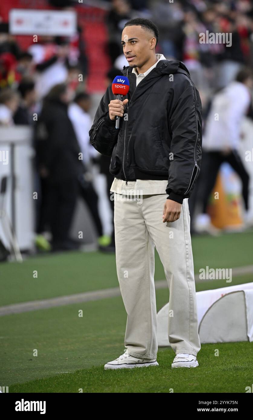 Jamie Leweling VfB Stuttgart (18) in an interview Microphone Microphone Logo SKY MHPArena, MHP Arena Stuttgart, Baden-Wuerttemberg, Germany, Europe Stock Photo