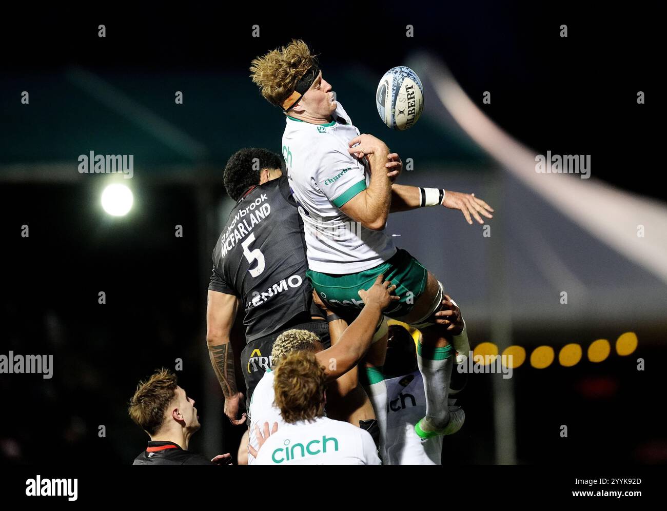 Northampton Saints' Alex Coles attempts to catch the ball during the ...