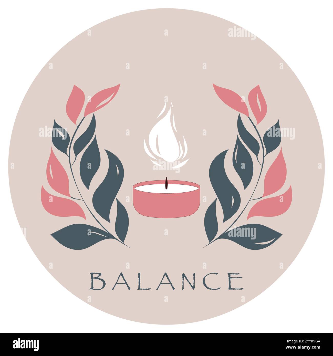 Lit Candle with flame. Coral and dark green Leaves on a beige circular