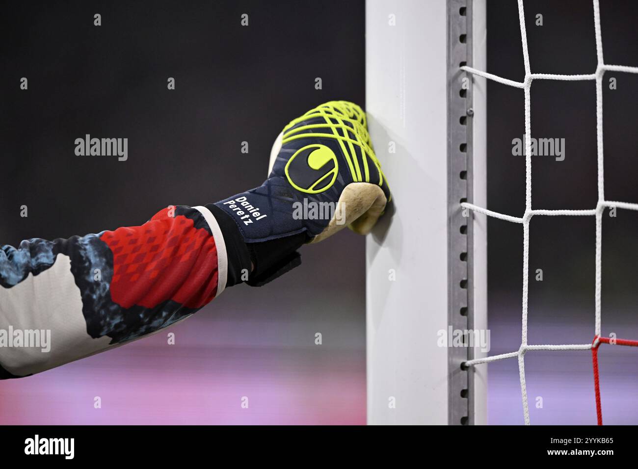 Detail, close-up, goalkeeper glove on goalpost, goalkeeper Daniel Peretz FC Bayern Munich FCB (18) Allianz Arena, Munich, Bavaria, Germany, Europe Stock Photo