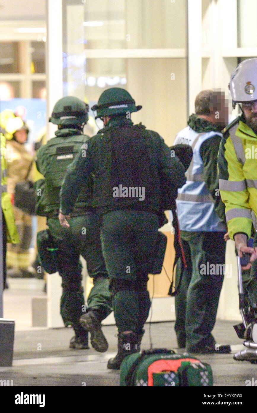 Birmingham Airport, UK 2019 - A simulated terror attack took place at Birmingham's BHX Airport in England on 13 November 2019. Actors were seen with made-up injuries and lying on the floor. Lines of emergency services vehicles and scores of paramedics, police and firefighters were also in attendance. The fake attack was held whilst the airport closed to the public. Credit: Stop Press Media Stock Photo