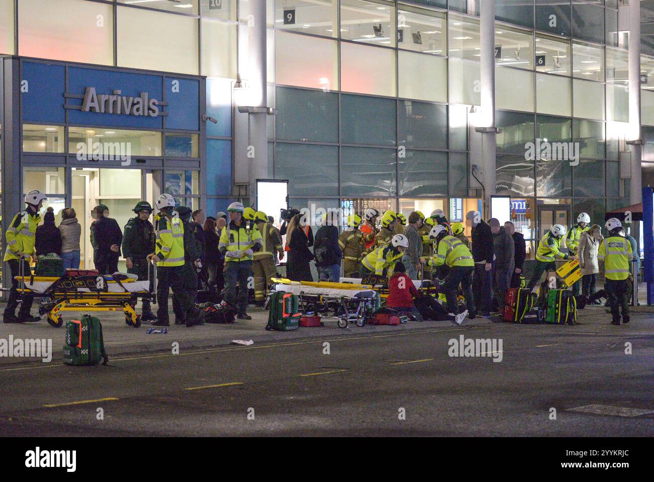 Birmingham Airport, UK 2019 - A simulated terror attack took place at Birmingham's BHX Airport in England on 13 November 2019. Actors were seen with made-up injuries and lying on the floor. Lines of emergency services vehicles and scores of paramedics, police and firefighters were also in attendance. The fake attack was held whilst the airport closed to the public. Credit: Stop Press Media Stock Photo