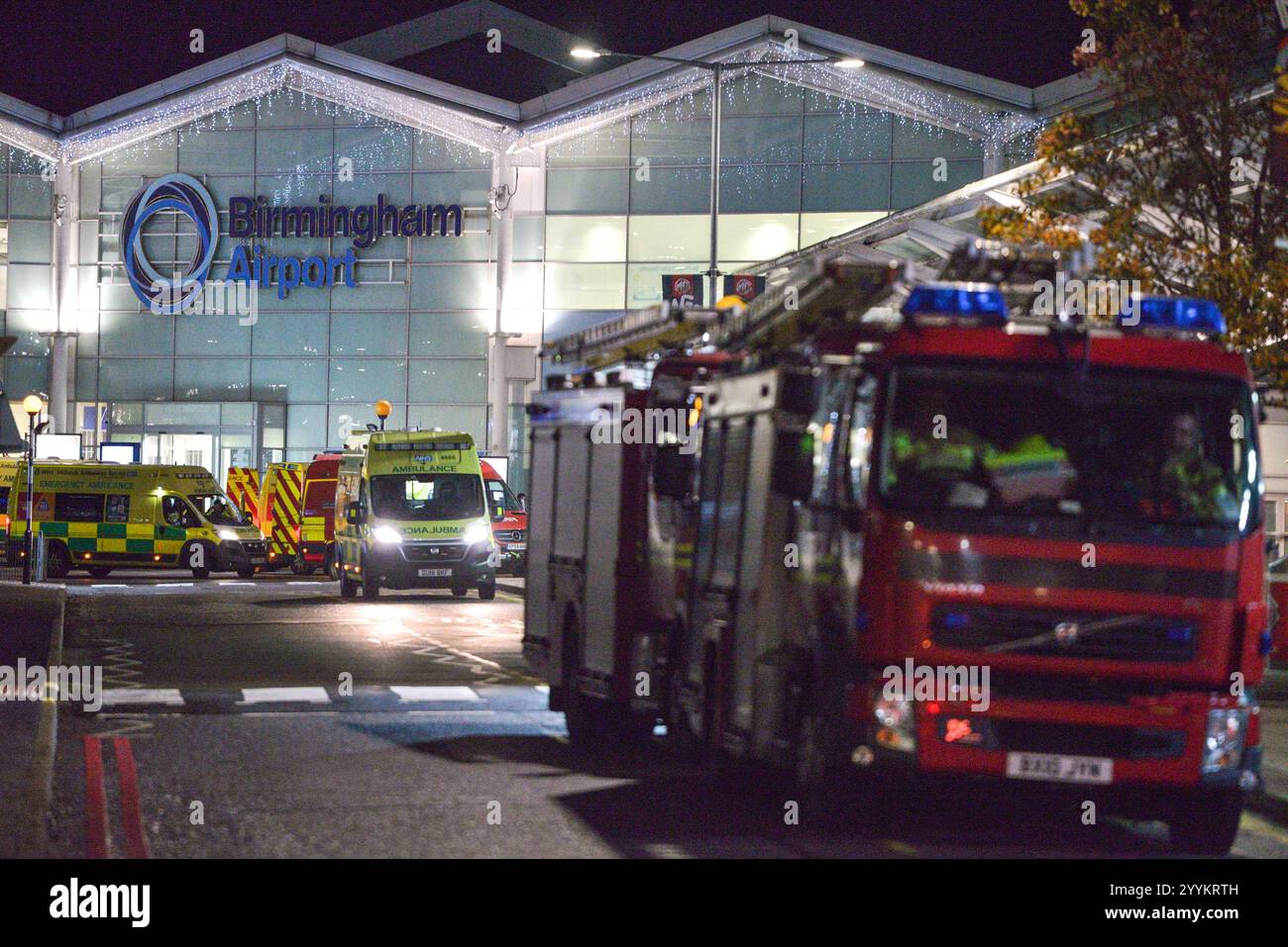 Birmingham Airport, UK 2019 - A simulated terror attack took place at Birmingham's BHX Airport in England on 13 November 2019. Actors were seen with made-up injuries and lying on the floor. Lines of emergency services vehicles and scores of paramedics, police and firefighters were also in attendance. The fake attack was held whilst the airport closed to the public. Credit: Stop Press Media Stock Photo