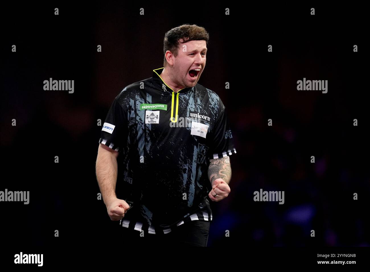 Callan Rydz reacts during his match against Martin Schindler on day ...