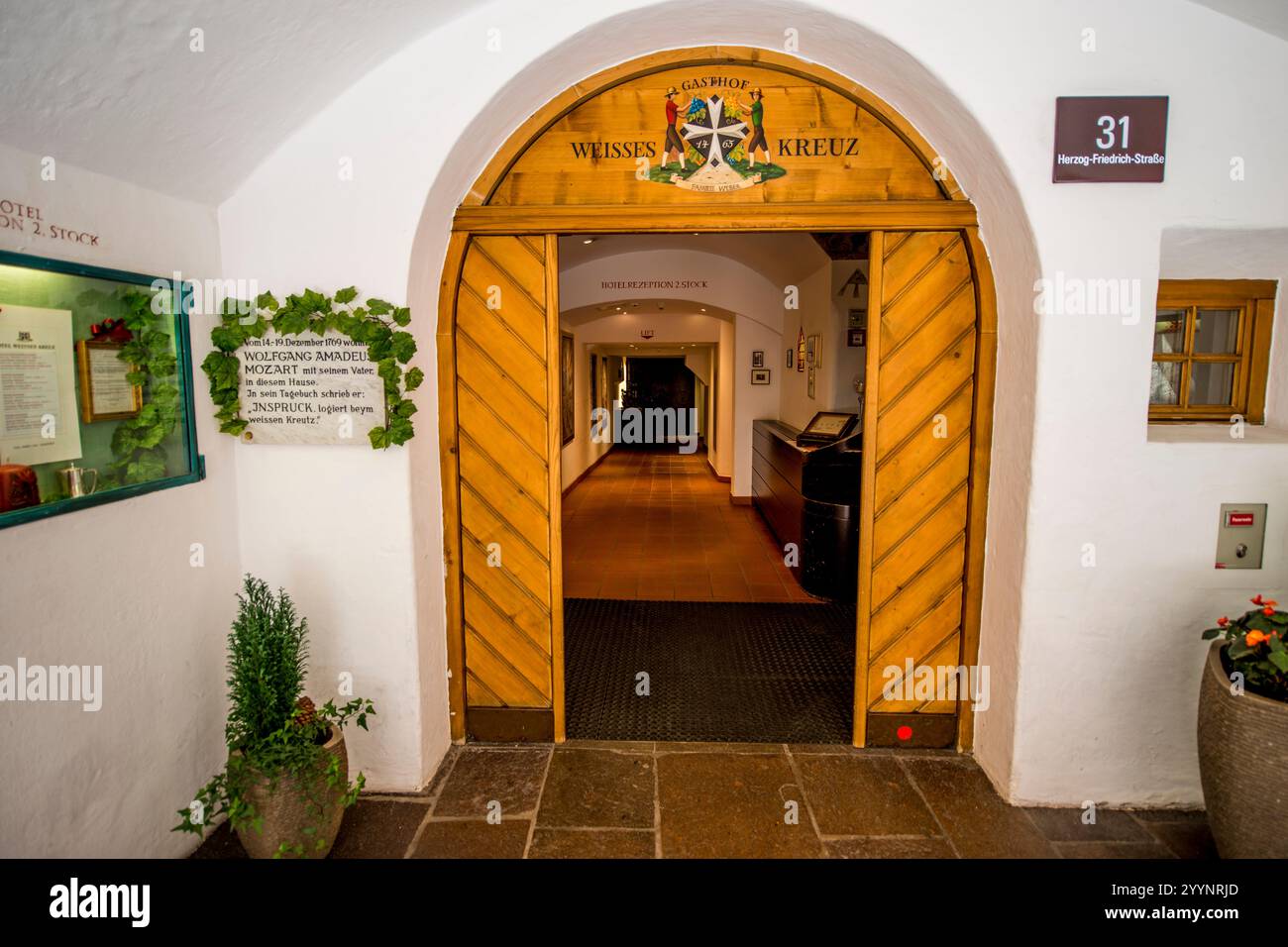 Hotel Weisses Kreuz where Wolfgang Amadeus Mozart and Leopold Mozart stayed, Innsbruck, Tyrol, Austria. Stock Photo
