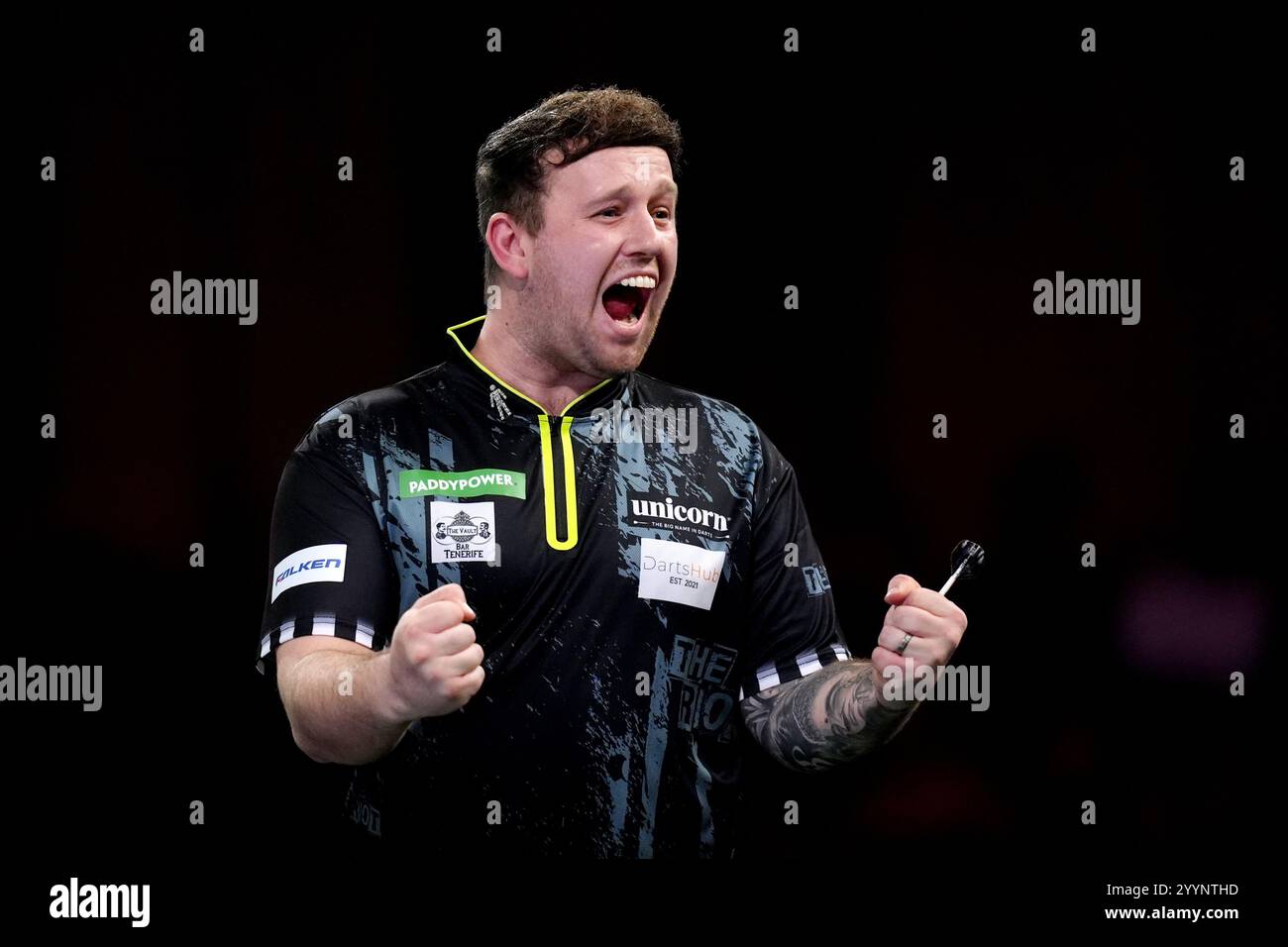 Callan Rydz celebrates defeating Martin Schindler on day eight of the ...