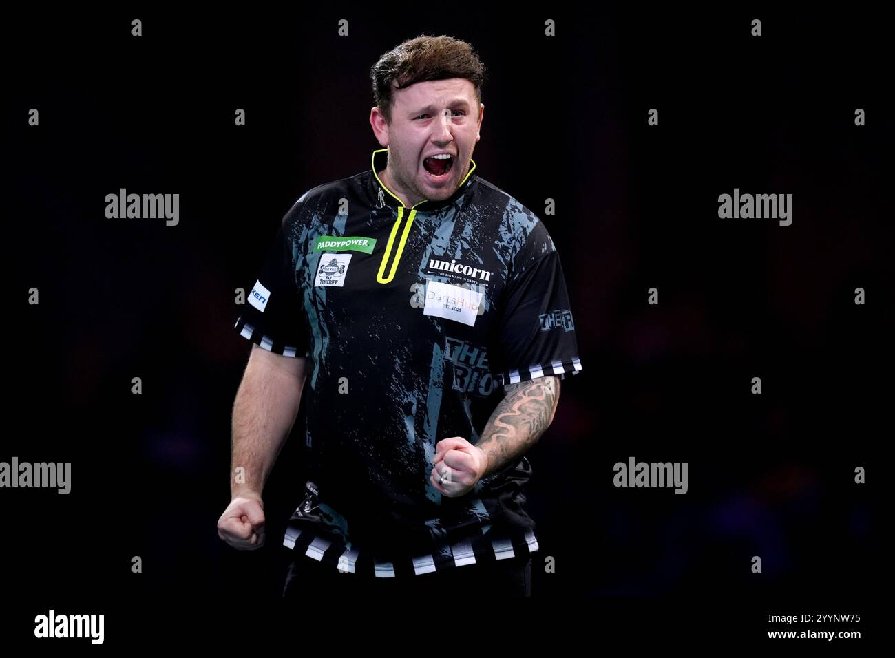 Callan Rydz celebrates during his match against Martin Schindler on day eight of the Paddy Power