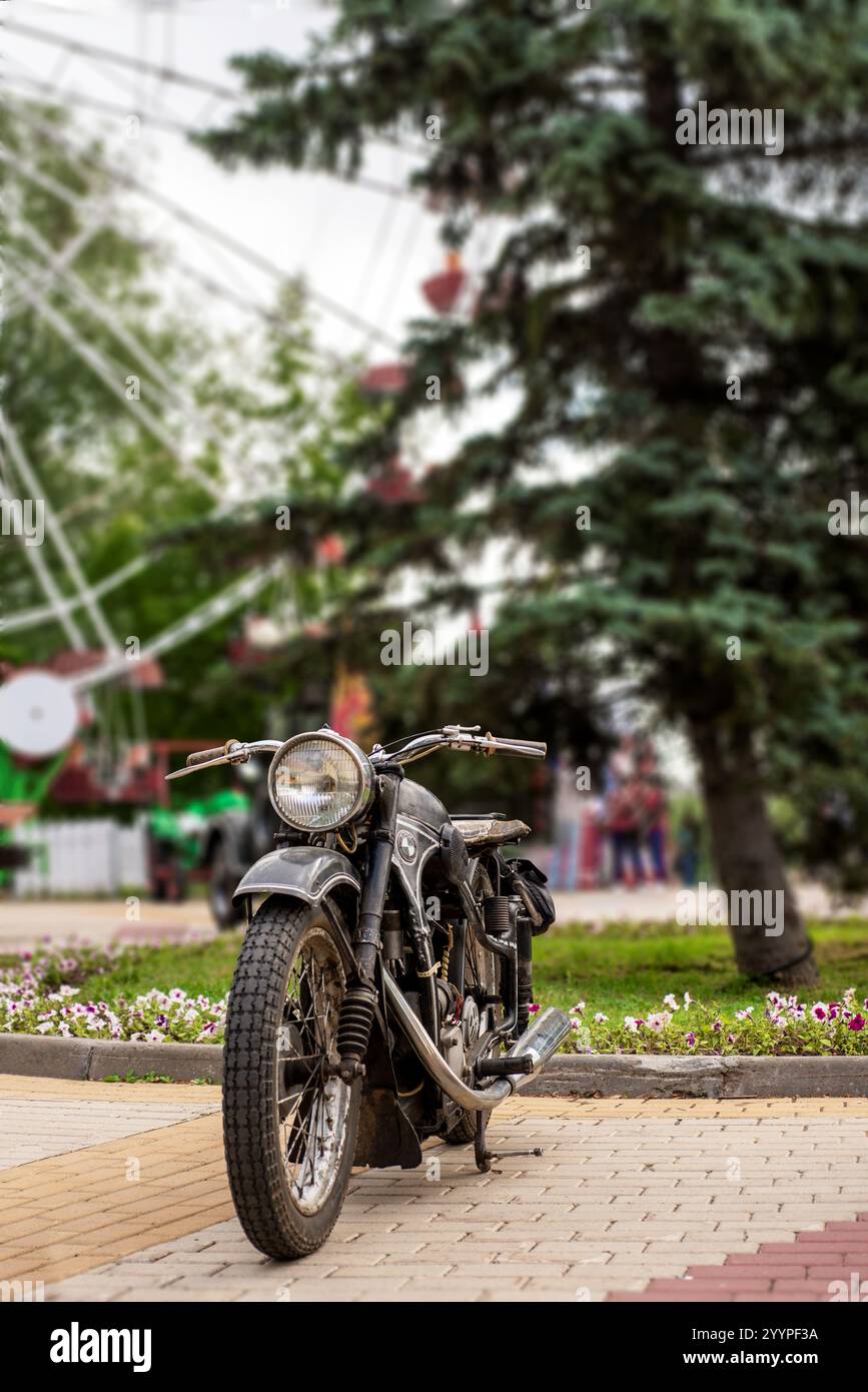 Retro motorcycle BMW R35 on display in the park. Cheboksary, Russia, 6 ...
