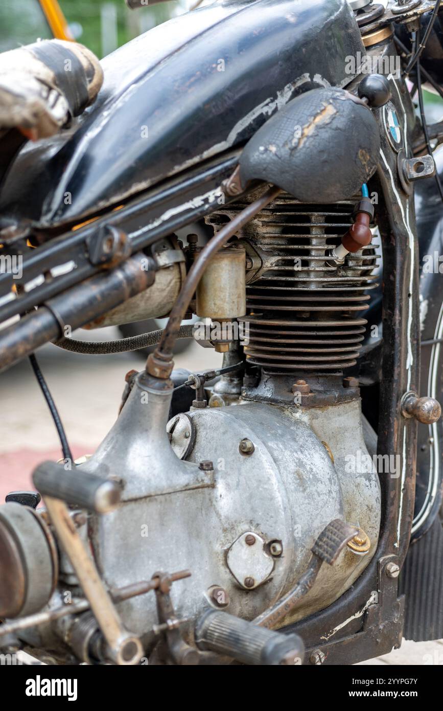 Motor and other parts of the BMW R35 motorcycle. Details of an old ...