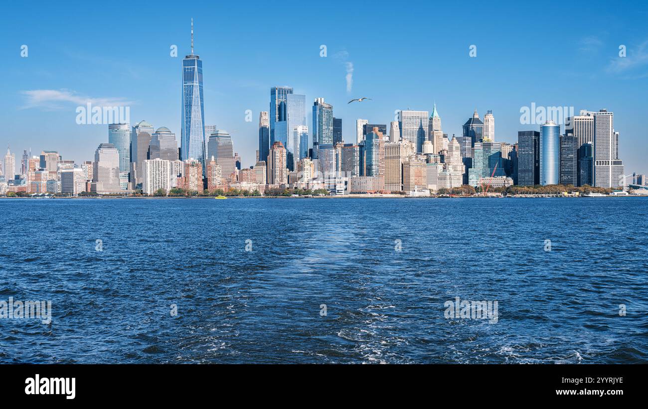Freedom Tower and the Lower New York Cityscape from the Hudson River Stock Photo