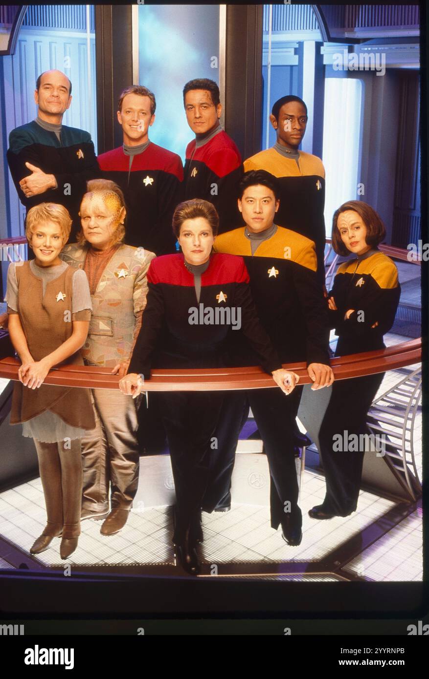 December 11, 2024, Hollywood, California, USA: RELEASE DATE:1995 TITLE:Star Trek Voyager STUDIO: Paramount Pictures PLOT: Set in the 24th century, when Earth is part of a United Federation of Planets, it follows the adventures of the Starfleet vessel USS Voyager as it attempts to return home to the Alpha Quadrant after being stranded in the Delta Quadrant on the far side of the galaxy. STARRING: (foreground, l to r): Jennifer Lien, Ethan Phillips ,Kate Mulgrew, Garrett Wang, Roxann Dawson (rear, l to r): Robert Picardo, Robert Duncan McNeill, Robert Beltran, Tim Russ (Credit Image: © Paramount Stock Photo