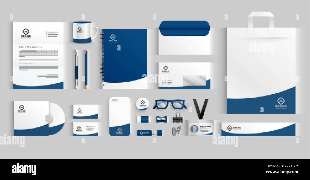 stylish business stationery items set in blue color Stock Vector Image ...