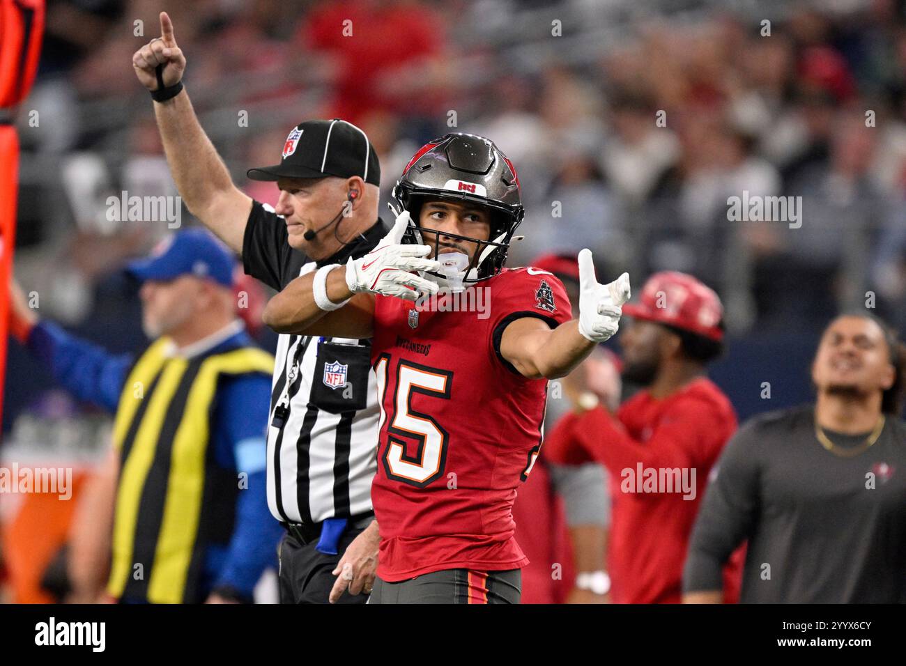 Tampa Bay Buccaneers wide receiver Jalen McMillan (15) celebrates after catching a pass for a