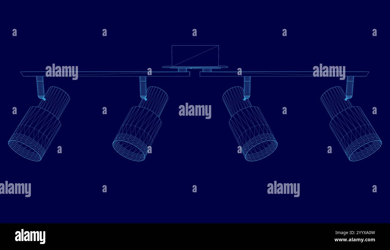 Wireframe Studio device lighting on blue background. 3D Stock Vector