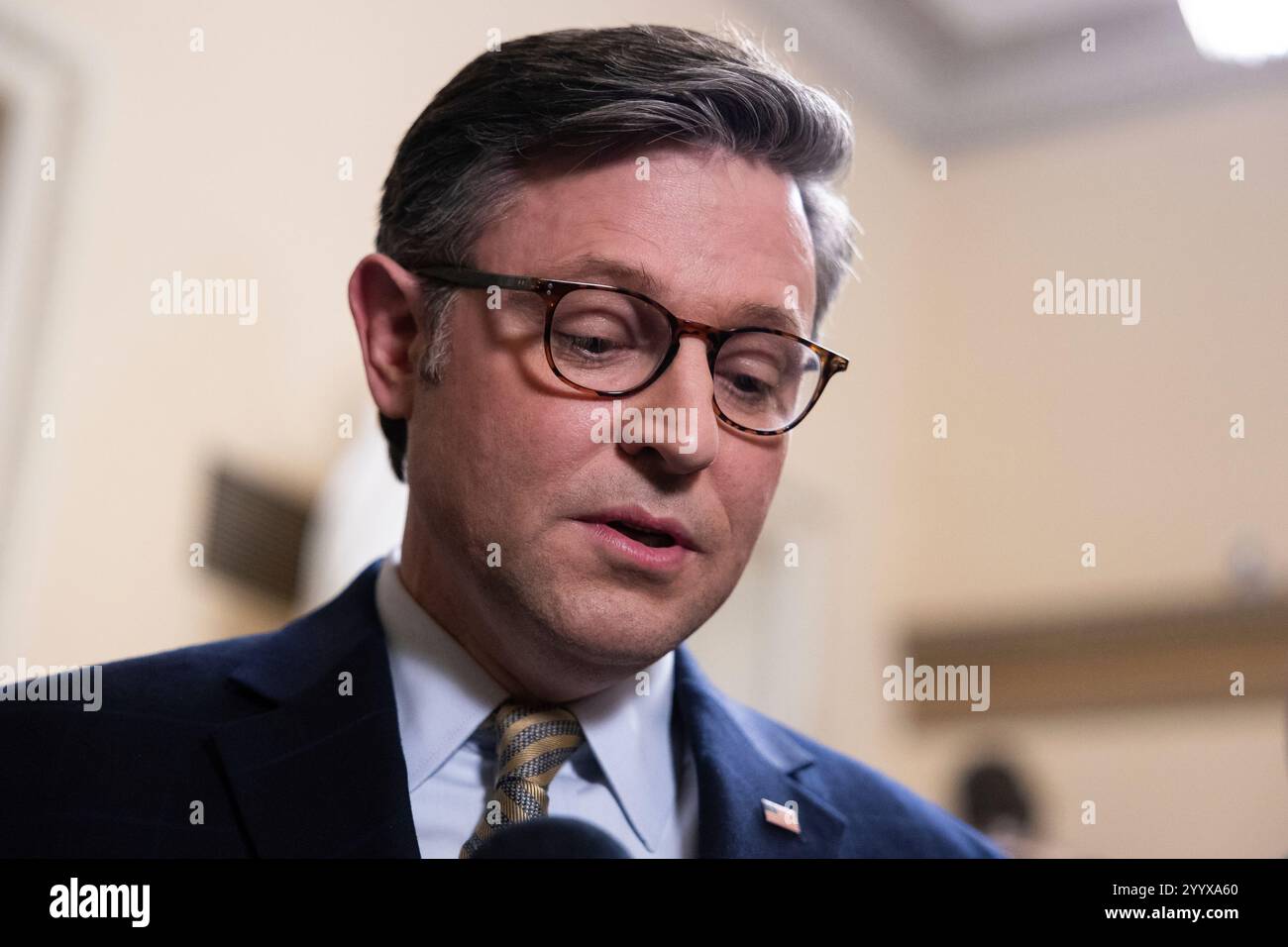 House Speaker Mike Johnson (R-La.) speaks with reporters after the ...