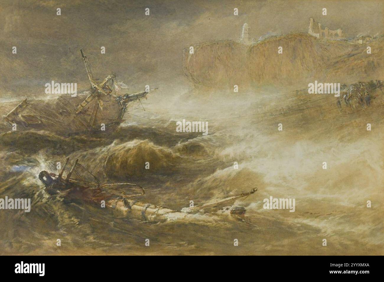 Edwin Ellis - A stormy coastal scene with figures hauling a ship ashore ...