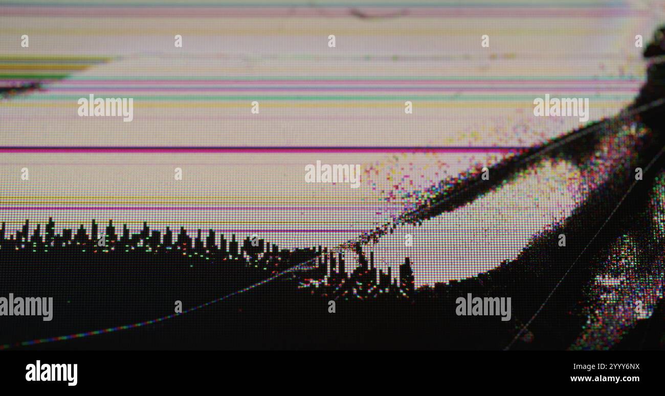 Display failure. Screen glitch. Black ink spreads across broken display ...