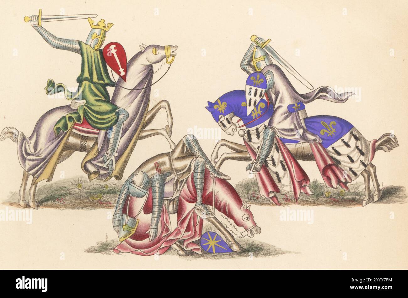 Knights fighting a duel on horseback, mid-13th century. Knights in ...