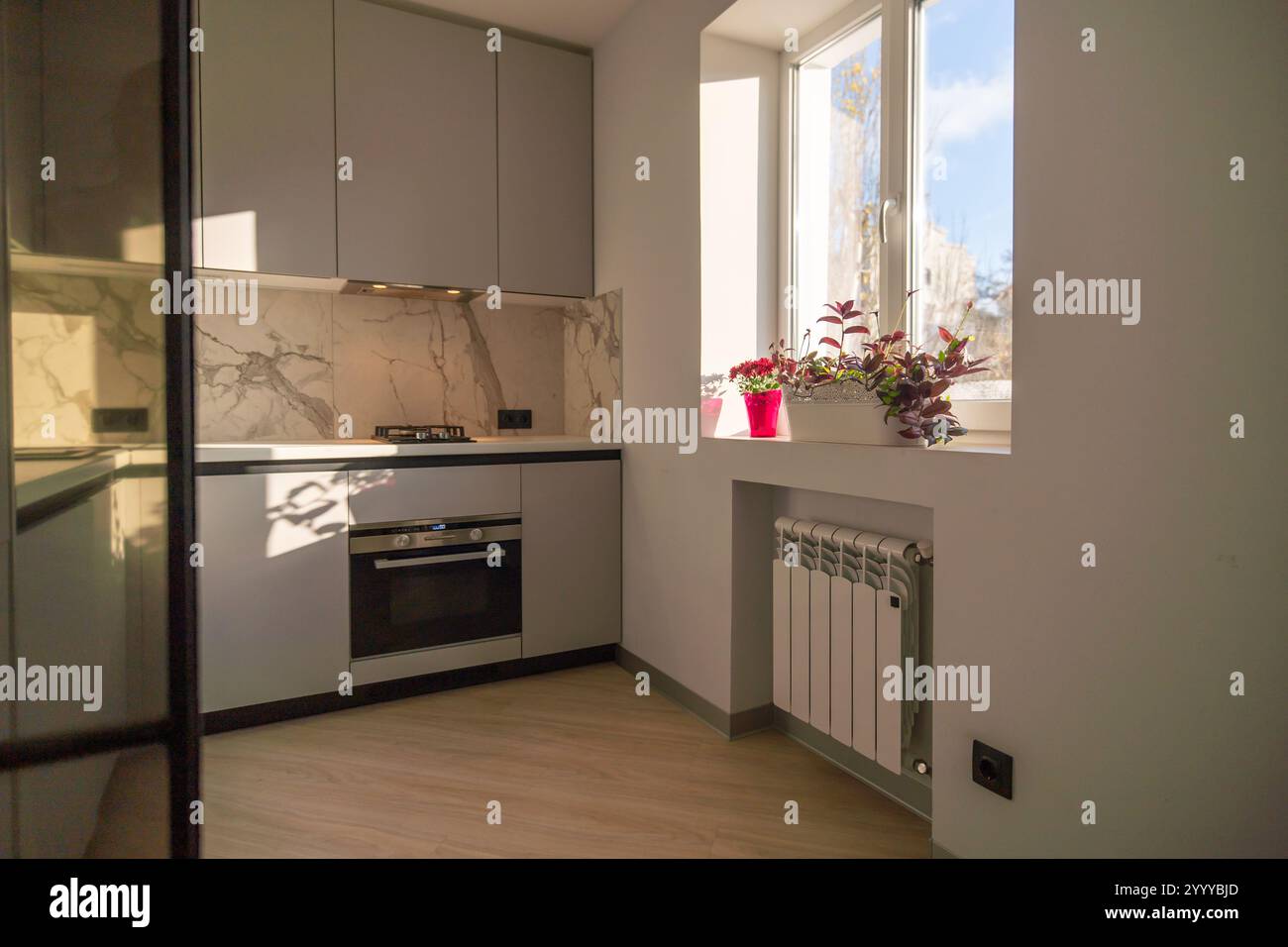 Modern kitchen with gray cabinets, marble backsplash, built-in oven ...