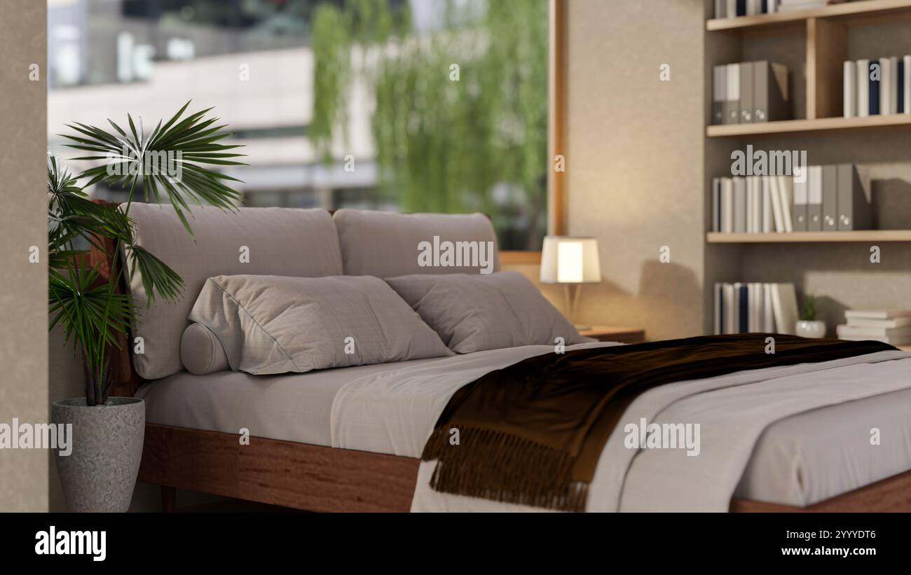The interior design of a modern, elegant bedroom features a comfortable ...