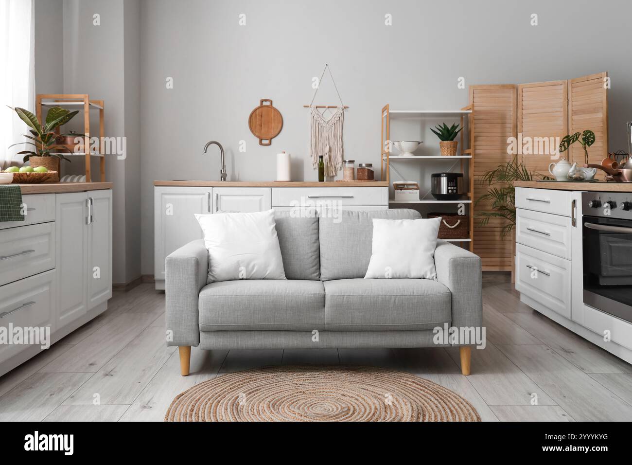 Interior of light kitchen with counters, shelf units and sofa Stock ...
