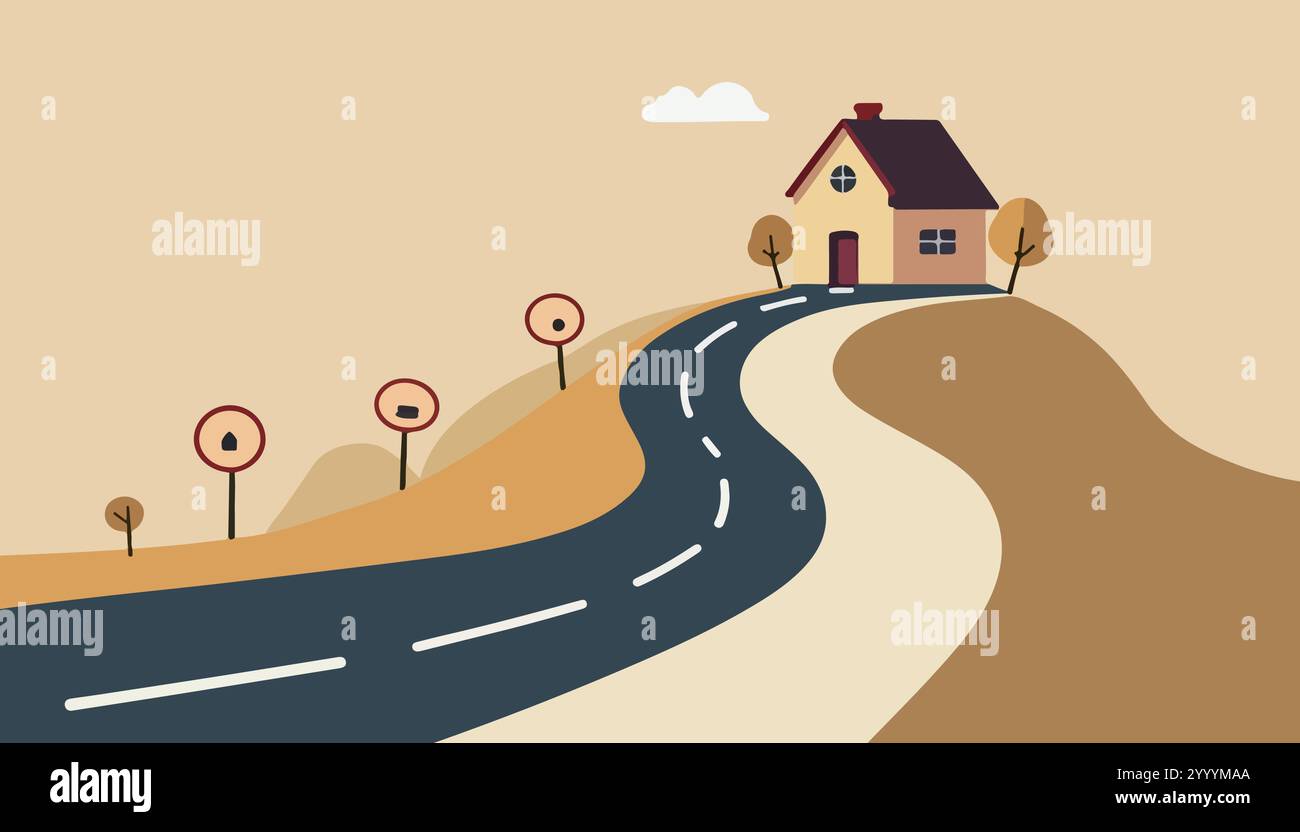Minimalist illustration of a winding road leading to a cozy house on a ...