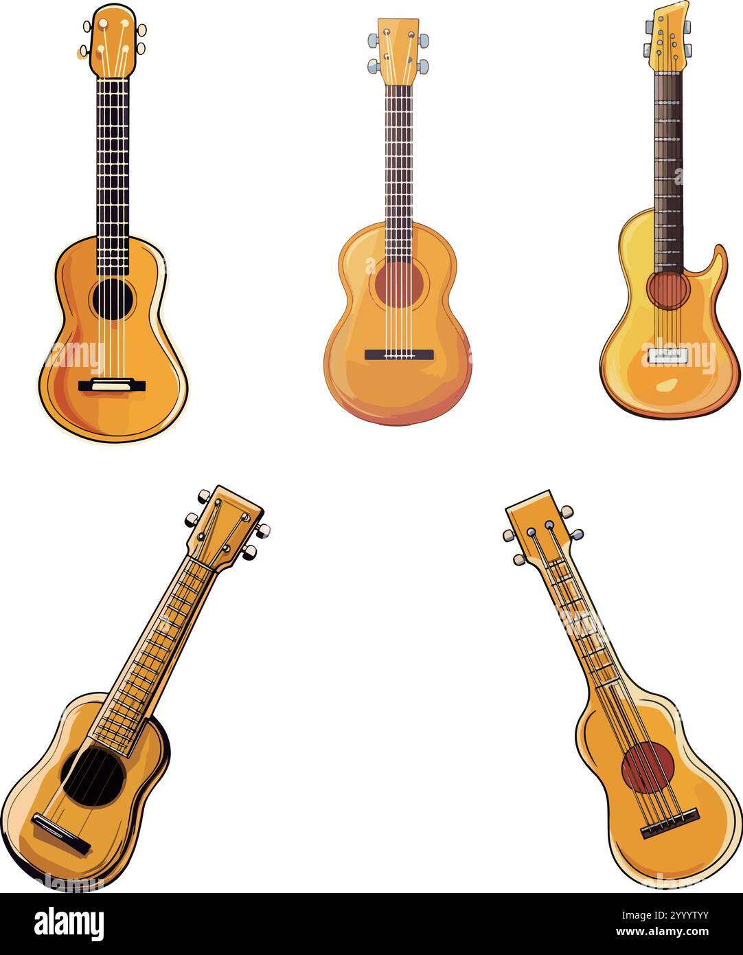 Illustration of five different acoustic string instruments, featuring ...
