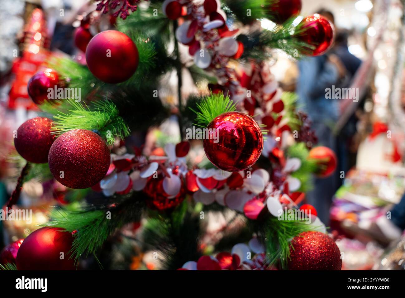 Christmas decoration items displayed for sell at a stall, ahead of