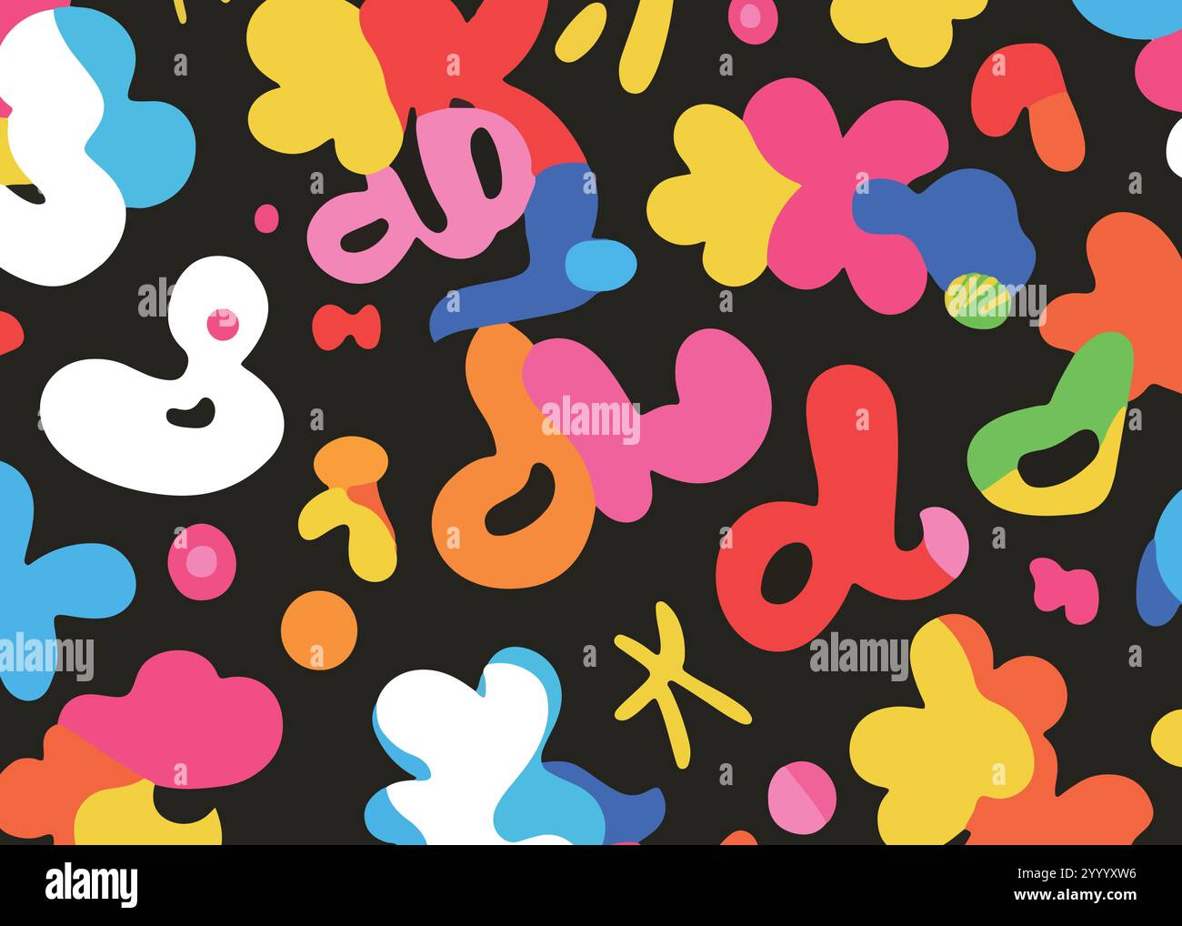 A vibrant pattern featuring playful, abstract shapes in various colors ...