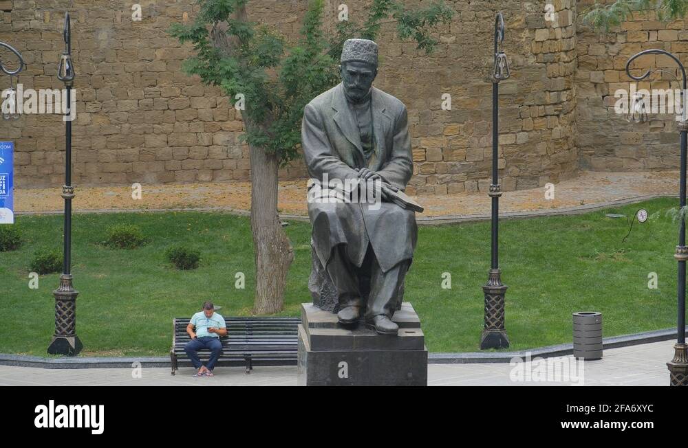 Close up shot of the statue at the Mirza Alakbar Sabir Garden in Baku
