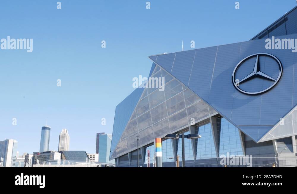 Establishing Shot Mercedes Benz Stadium. Atlanta Skyline Background