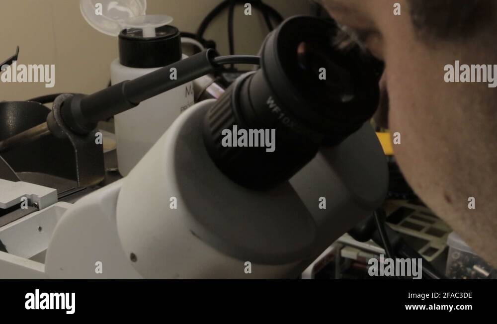 The master examines a printed circuit board under an electron