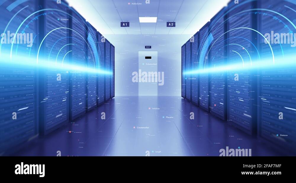 Modern Server Room Environment. Computer Racks. Futuristic Data Center