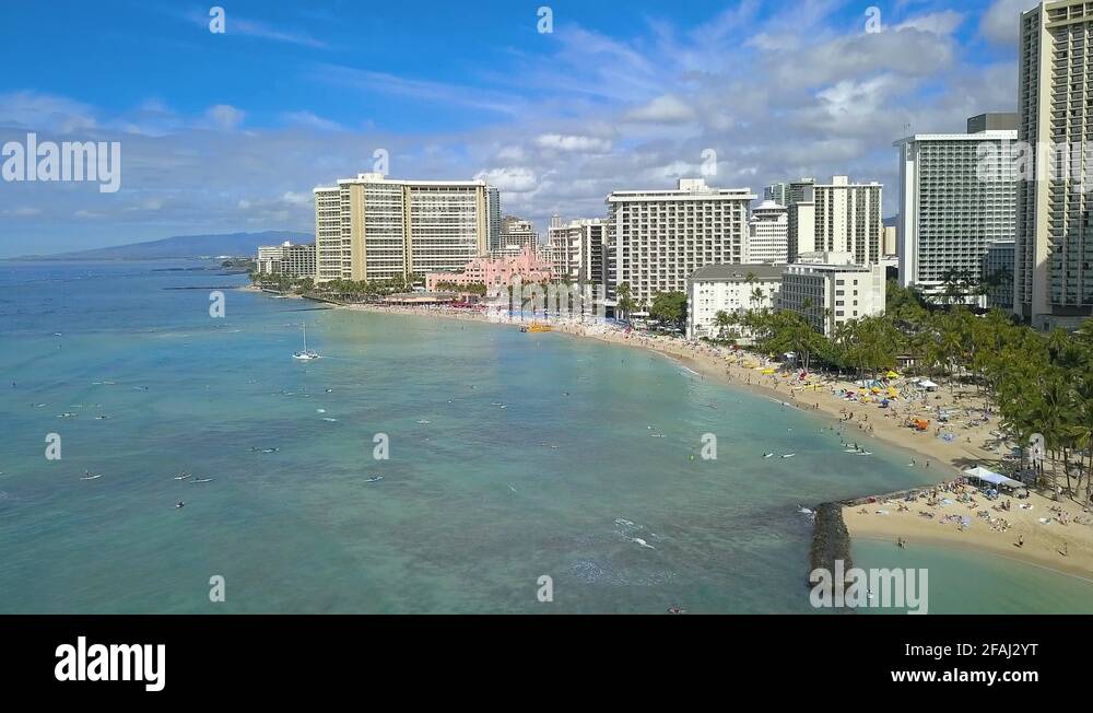 Drone footage over Waikiki Beach on the island of Oahu, Hawaii. 4k