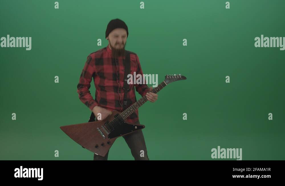 Old man with beard play rock guitar isolated on green screen background