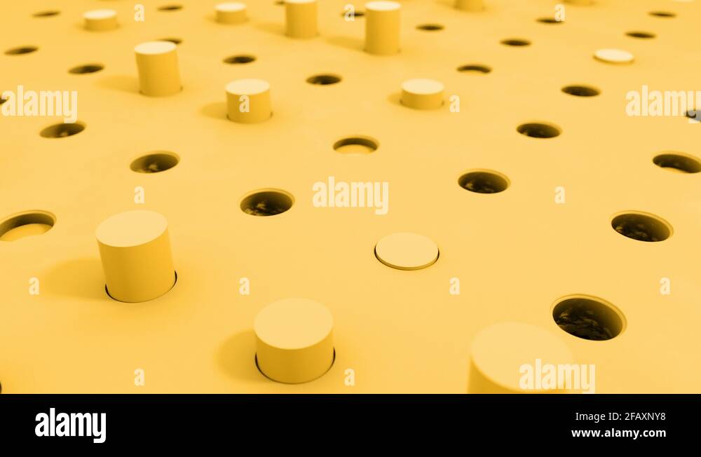 3D shapes cylinder flying intro holes in yellow pastel colors. 4k