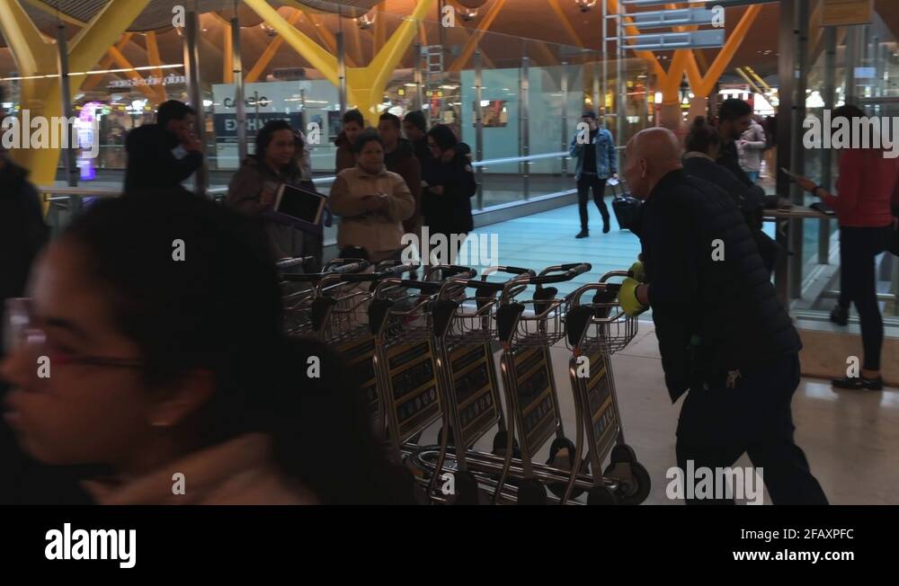 Man pushing baggage dollies in an airport terminal, passengers passing