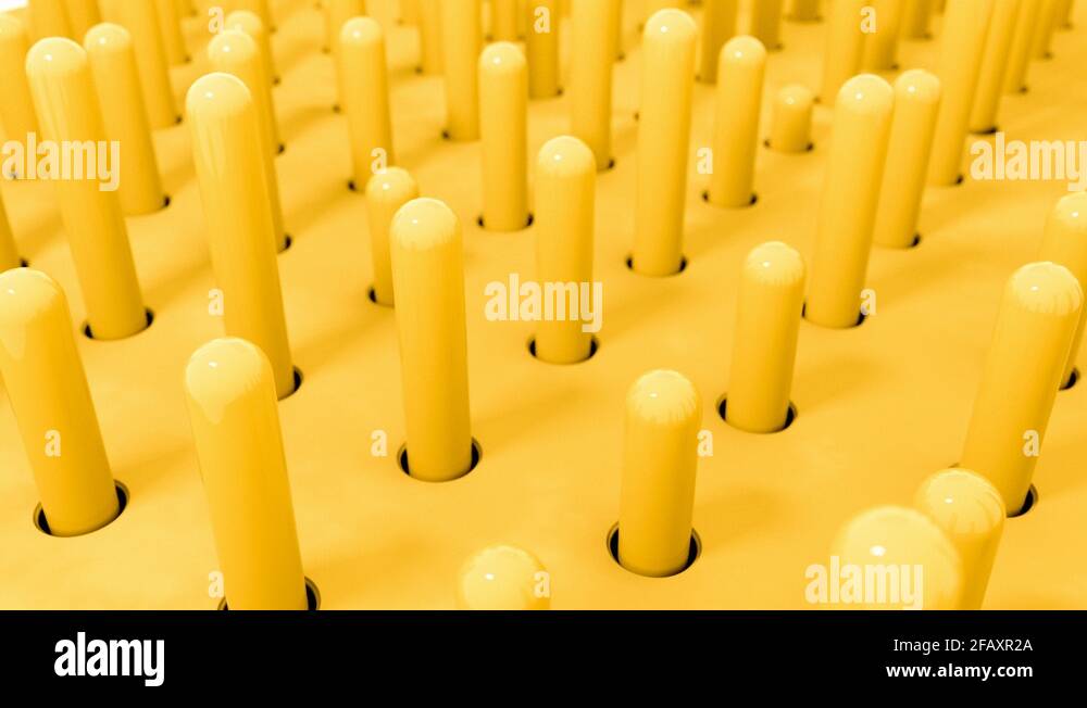 3D shapes cylinder flying intro holes in yellow pastel colors. 4k