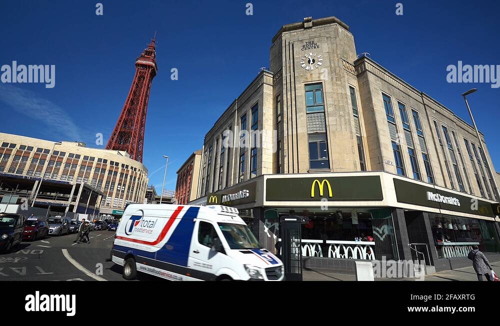 A view of Blackpool Tower and McDonalds in the high street of one of