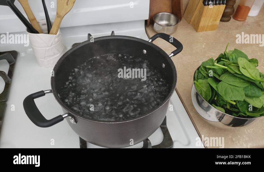 Adding bowl of baby spinach into pot of boiling water and pushing